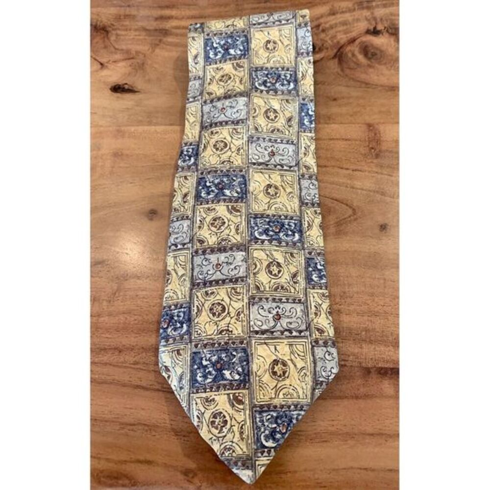 Bill Blass 100% Silk Yellow Blue Geometric Brocade Tie Made In USA Check